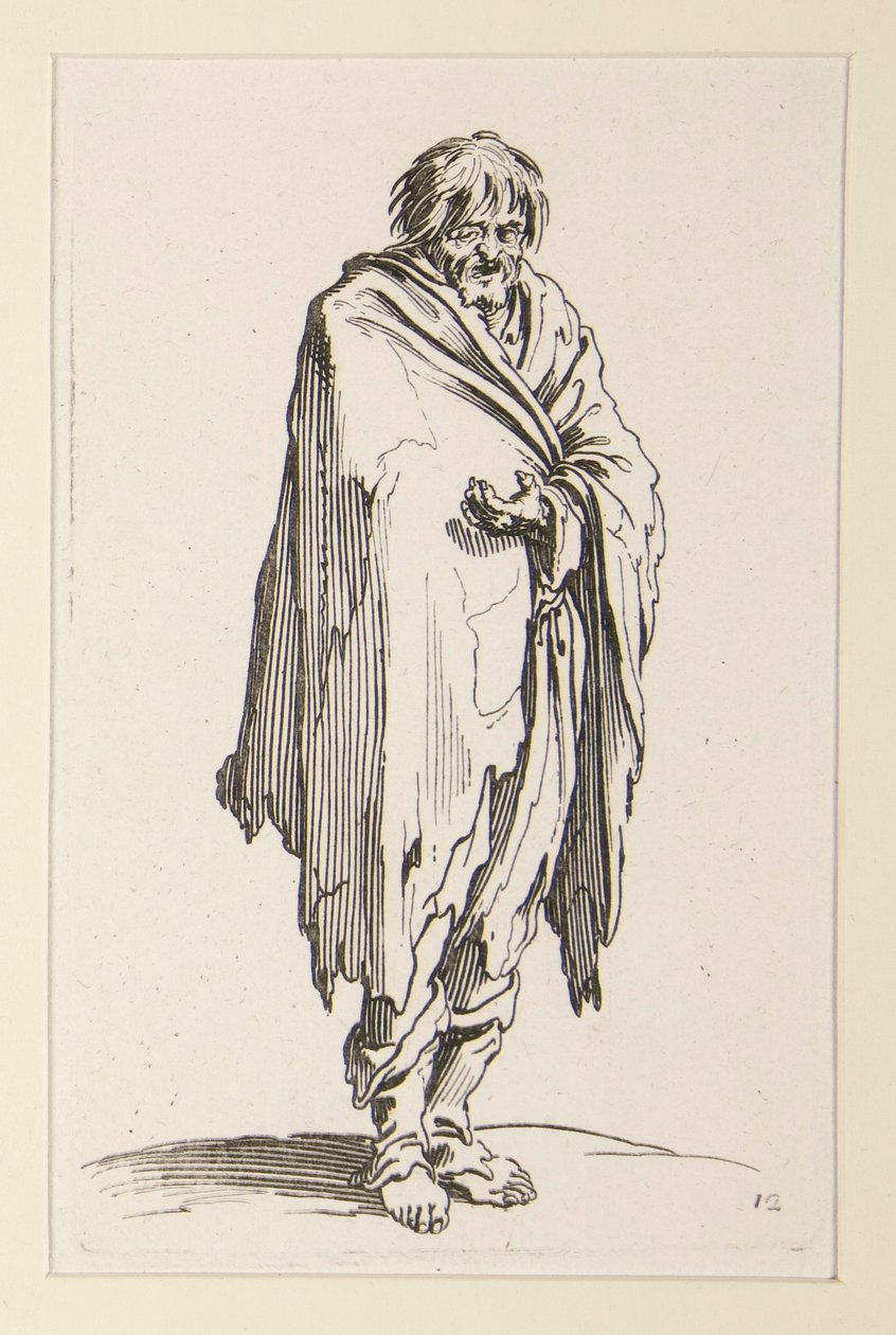 Barhäuptiger Bettler mit unbeschuhten Füßen, aus Die Bettler (Le mendiant à la tête découverte et aux pieds nus) von Jacques Callot