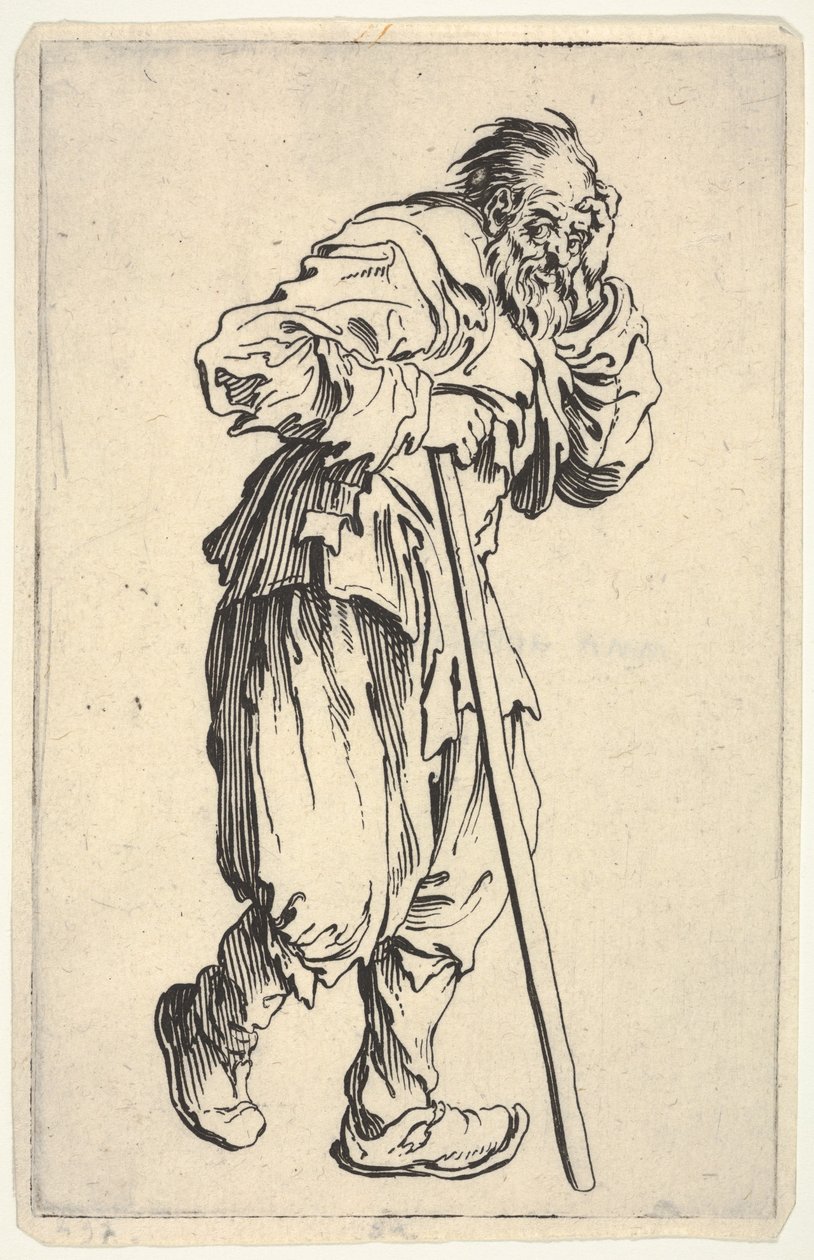 Bärtiger Mann, in Lumpen gekleidet, hält seinen Kopf mit einer Hand und einen Gehstock mit der anderen, aus "Die Bettler" von Jacques Callot