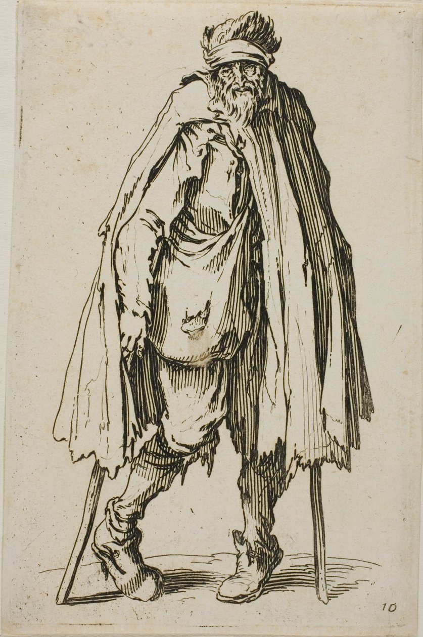 Bettler, der sich auf einen Stock stützt, Platte neunzehn aus Die Bettler von Jacques Callot