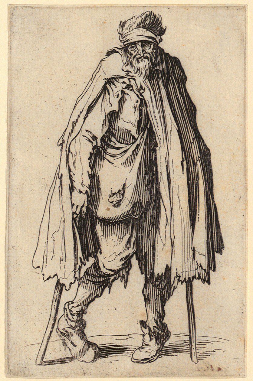 Bettler mit Krücke und Umhängetasche, Blatt 10 der Folge „Die Bettler“ von Jacques Callot