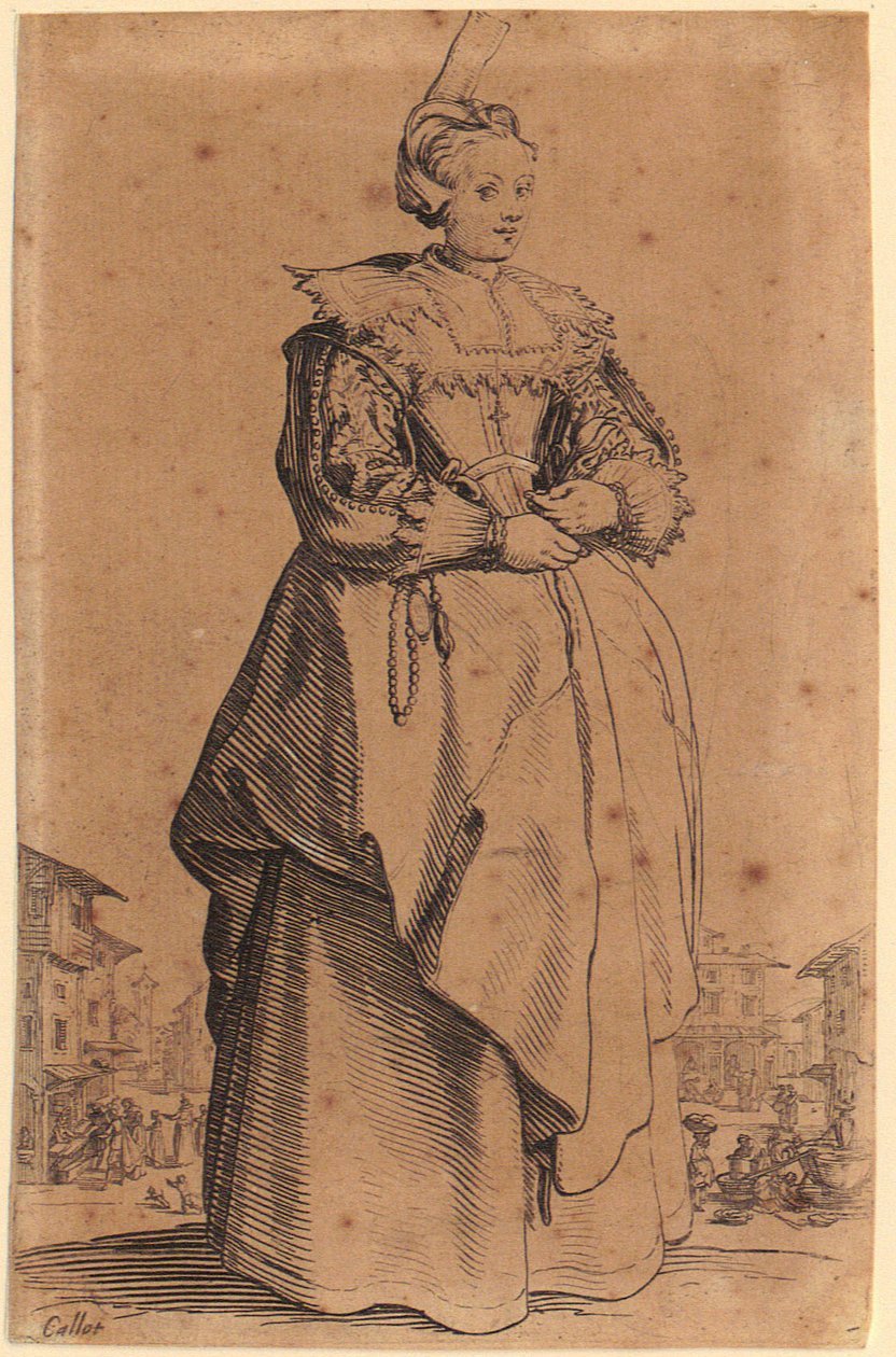 Dame mit dem Kopfschmuck, Blatt 1 der Folge „Die Noblesse“ von Jacques Callot