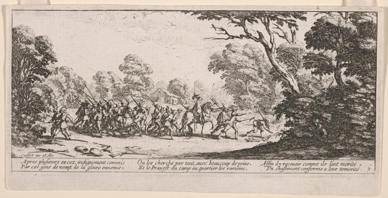 Entdeckung der Übeltäter, Illustration aus Les Grandes misères de la guerre von Jacques Callot
