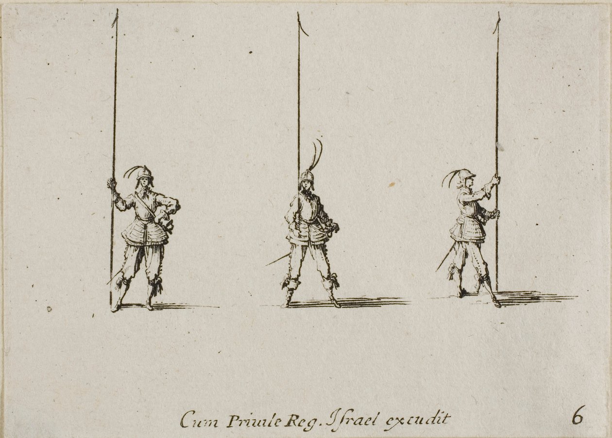 Übung mit erhobenem Spieß, Tafel sechs aus Die militärischen Übungen von Jacques Callot
