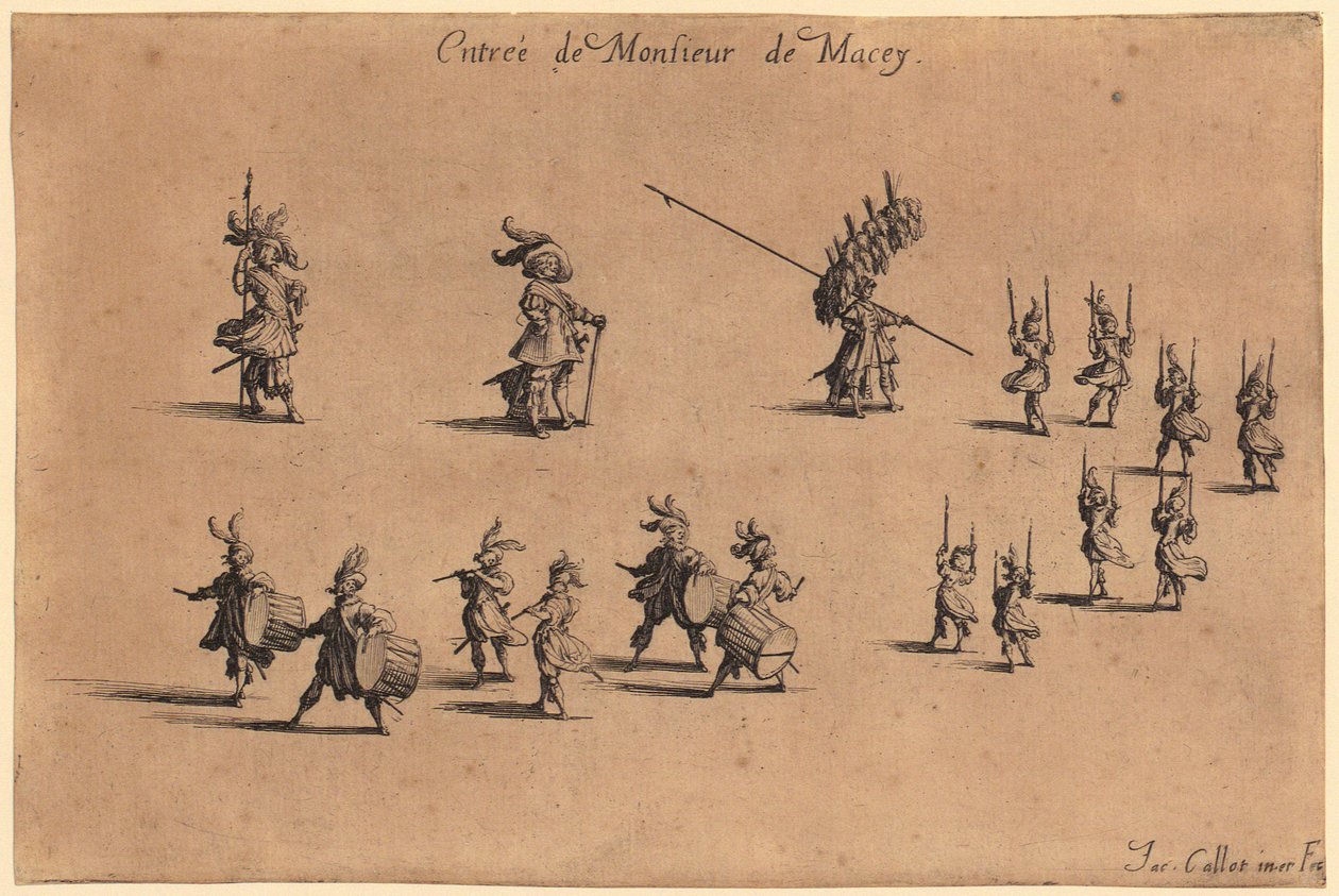 Edelmann mit pelzverbrämtem Mantel, die Hände hinter dem Rücken verschränkt, Blatt 7 der Folge „Die Noblesse“ von Jacques Callot