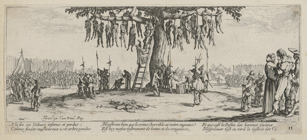 Hängung, Blatt 11 der Folge "Grauen des Krieges" von Jacques Callot