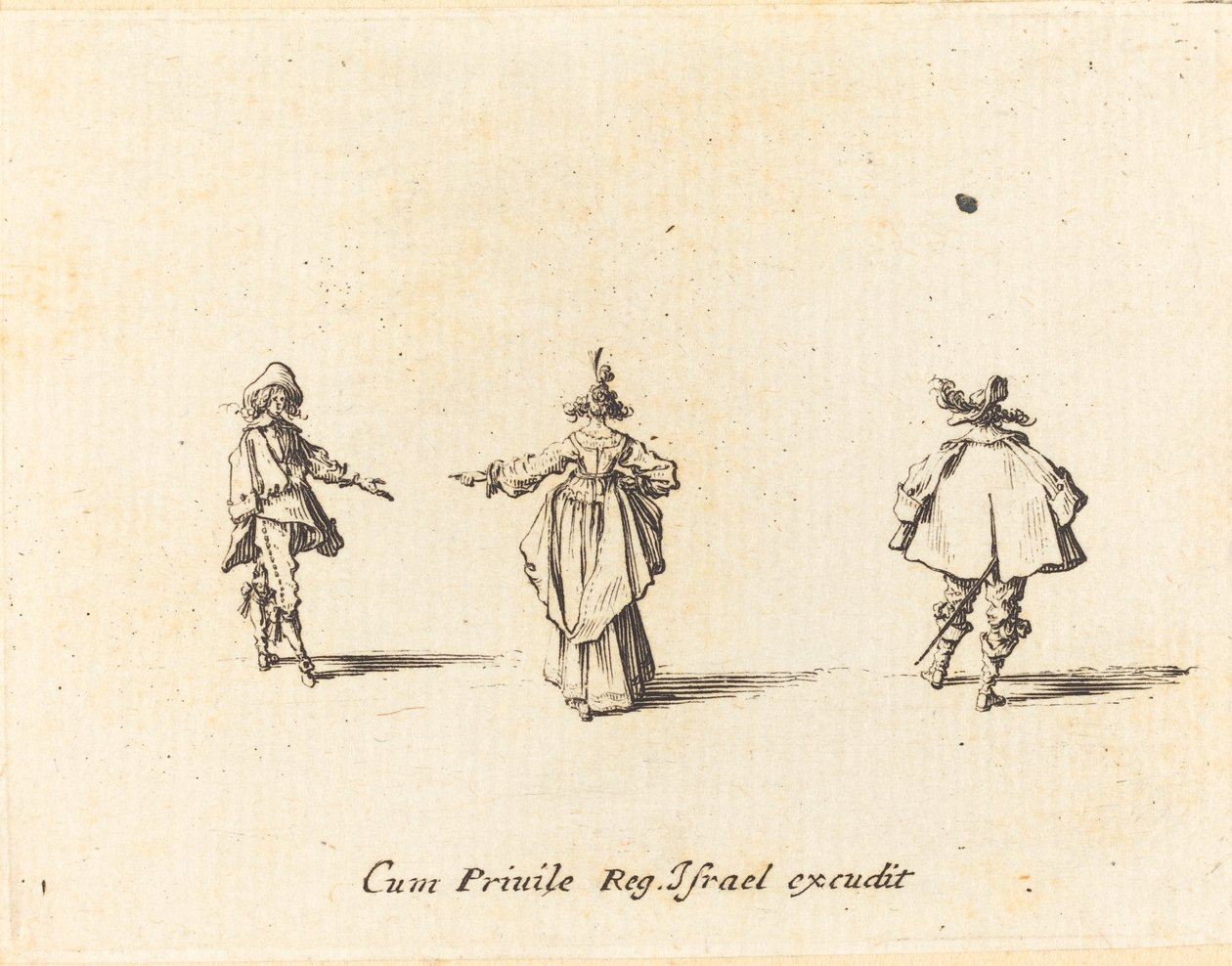 Dame mit ausgestrecktem Arm, von hinten gesehen, und zwei Herren von Jacques Callot
