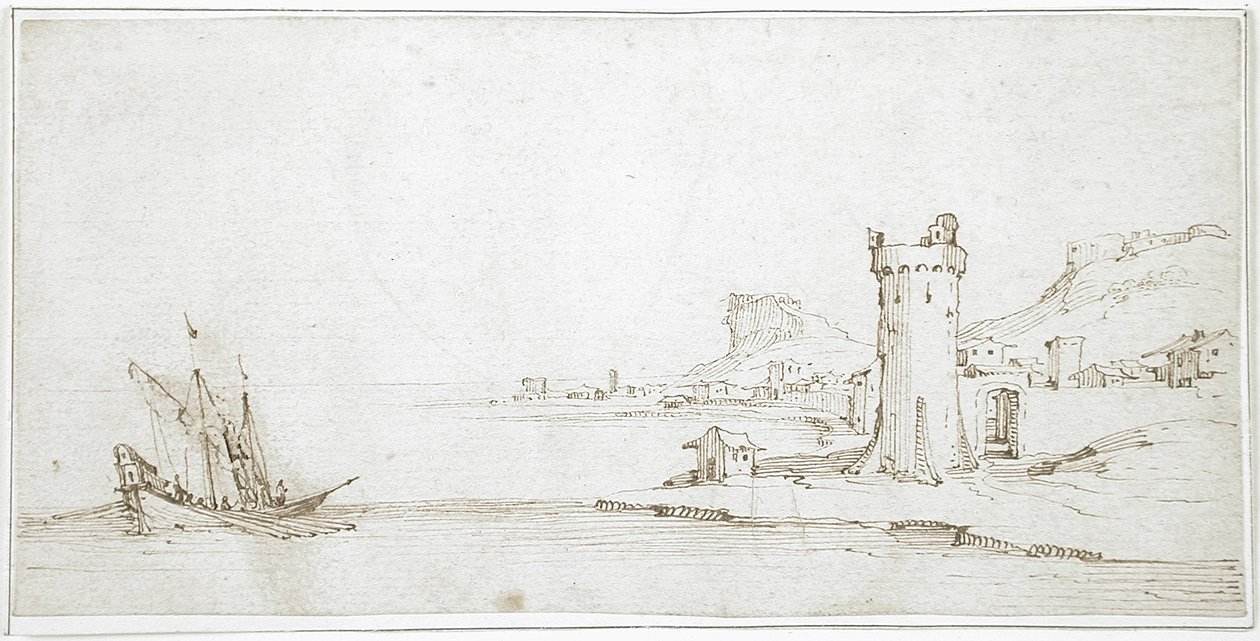 Landschaft mit Turm und Boot von Jacques Callot