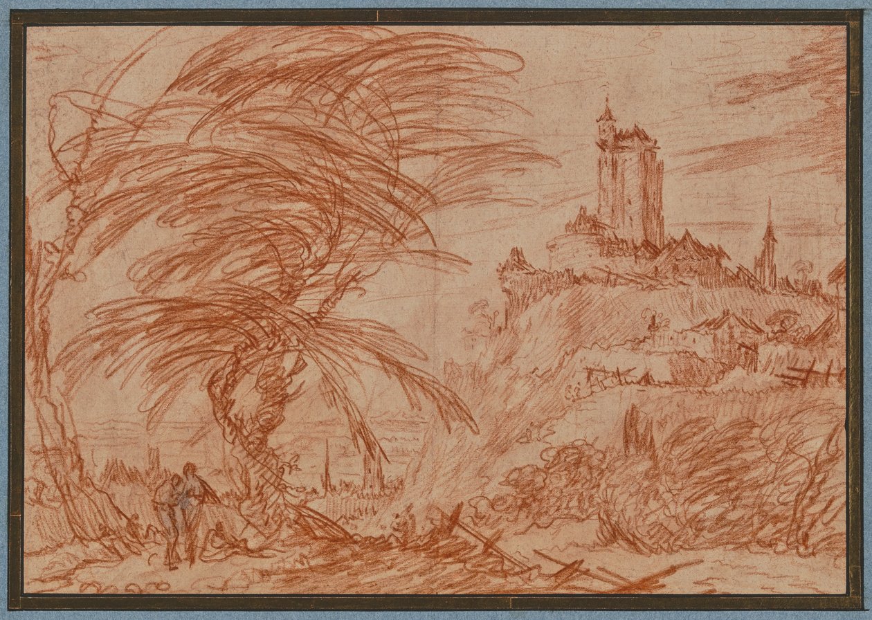 Landschaft, rechts auf einem Hügel ein großer Turm, links eine Baumgruppe und einige Figuren von Jacques Callot