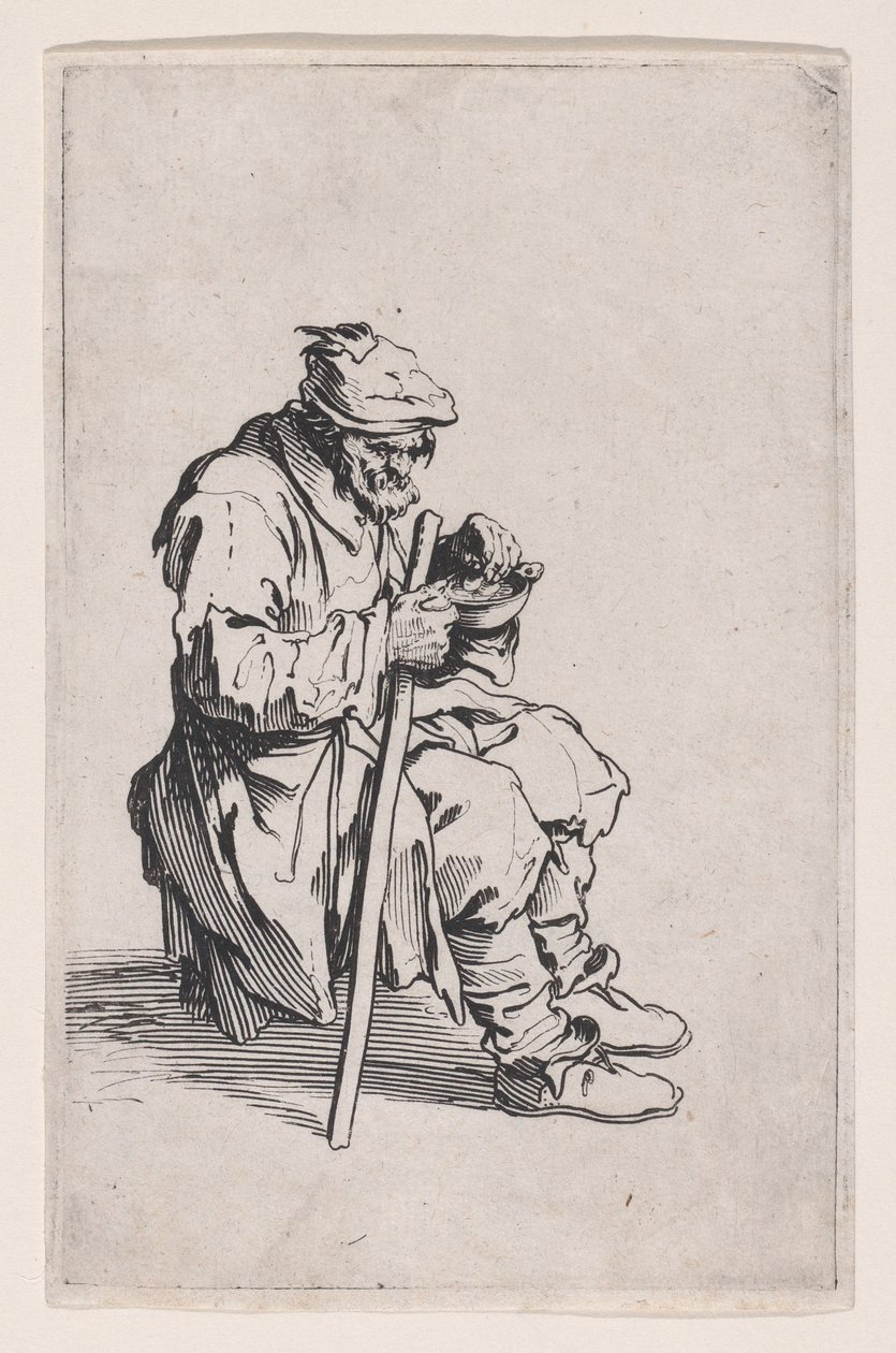Der sitzende und essende Bettler, aus "Les Gueux suite auch genannt Les Mendiants, Les Baroni, oder Les Barons" von Jacques Callot