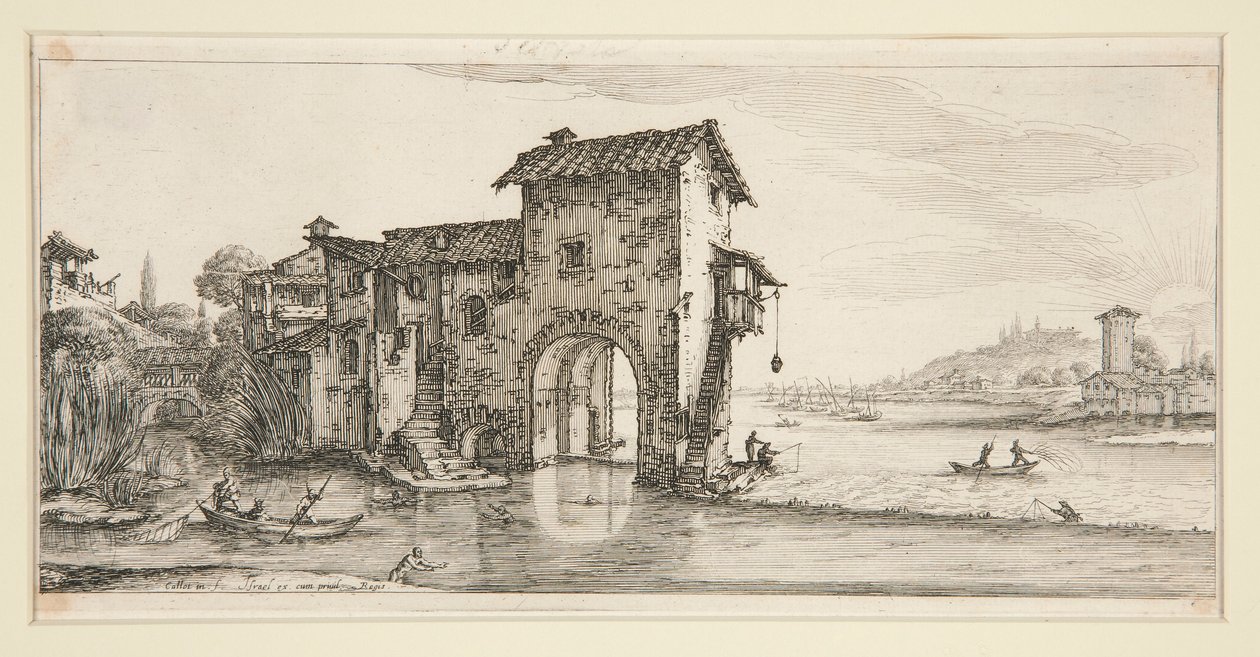 Die Wassermühle, aus Landschaften für Giovanni de Medici von Jacques Callot