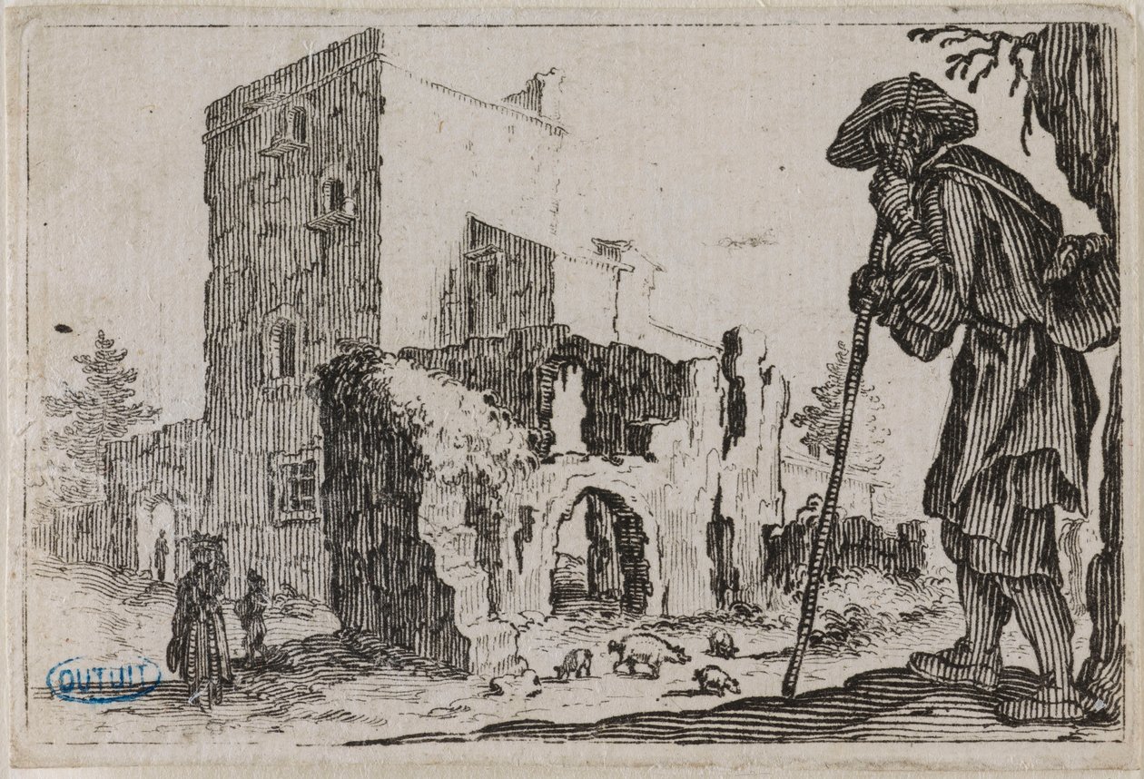 Die Capricen, Der Hirte und die Ruinen. Fünftes Blatt der in Nancy gestochenen Folge von 50 Blättern (Lieure 432, Meaume 777) von Jacques Callot