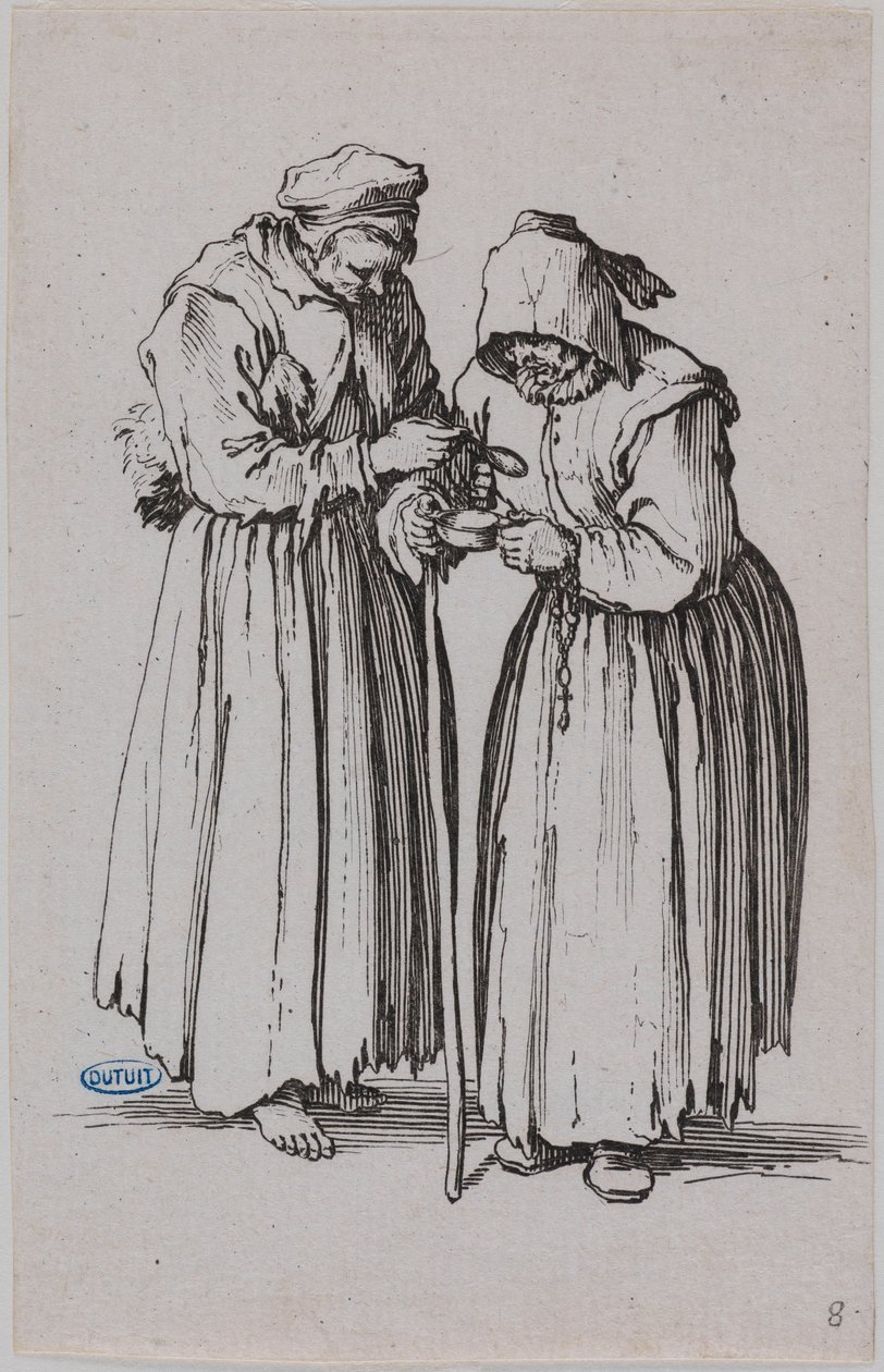 Die Bettler, Die beiden Bettlerinnen. Achtes Blatt einer Folge von 25 Blättern (Lieure 486, Meaume 692) von Jacques Callot