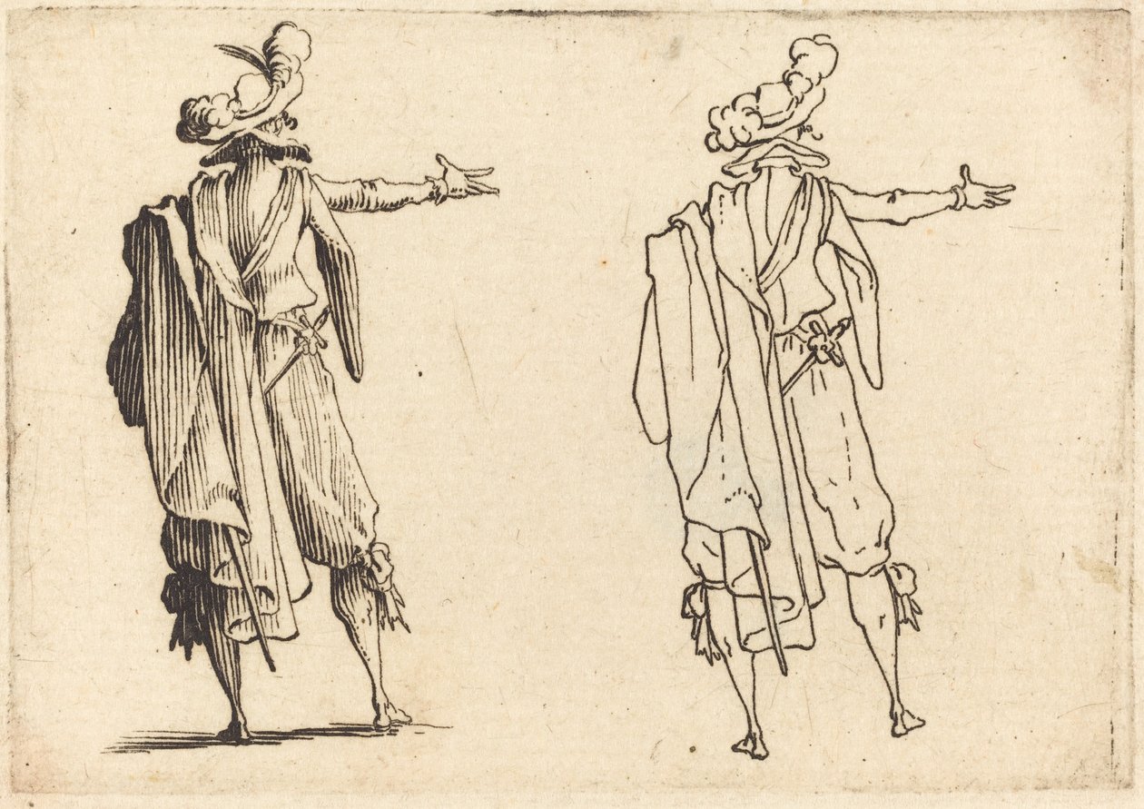 Mann von hinten gesehen mit ausgestrecktem rechten Arm von Jacques Callot