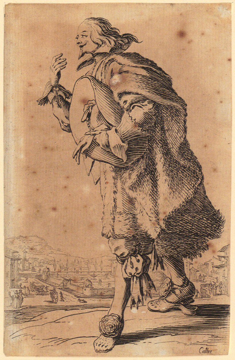 Mann streicht wie Geigenspieler über Grillrost, Blatt 19 der Folge "Die Zwerge" von Jacques Callot