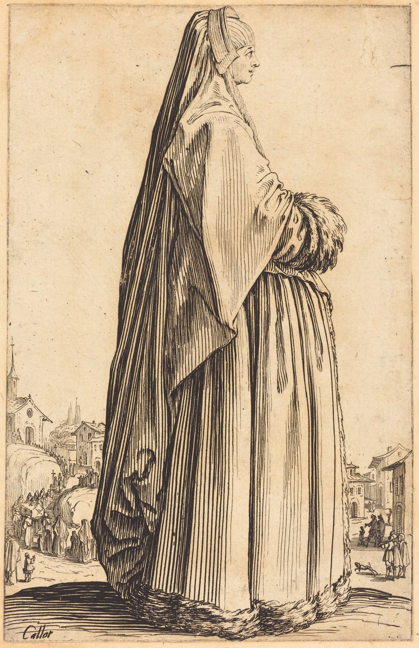 Adlige Frau mit Schleier und pelzbesetztem Kleid von Jacques Callot