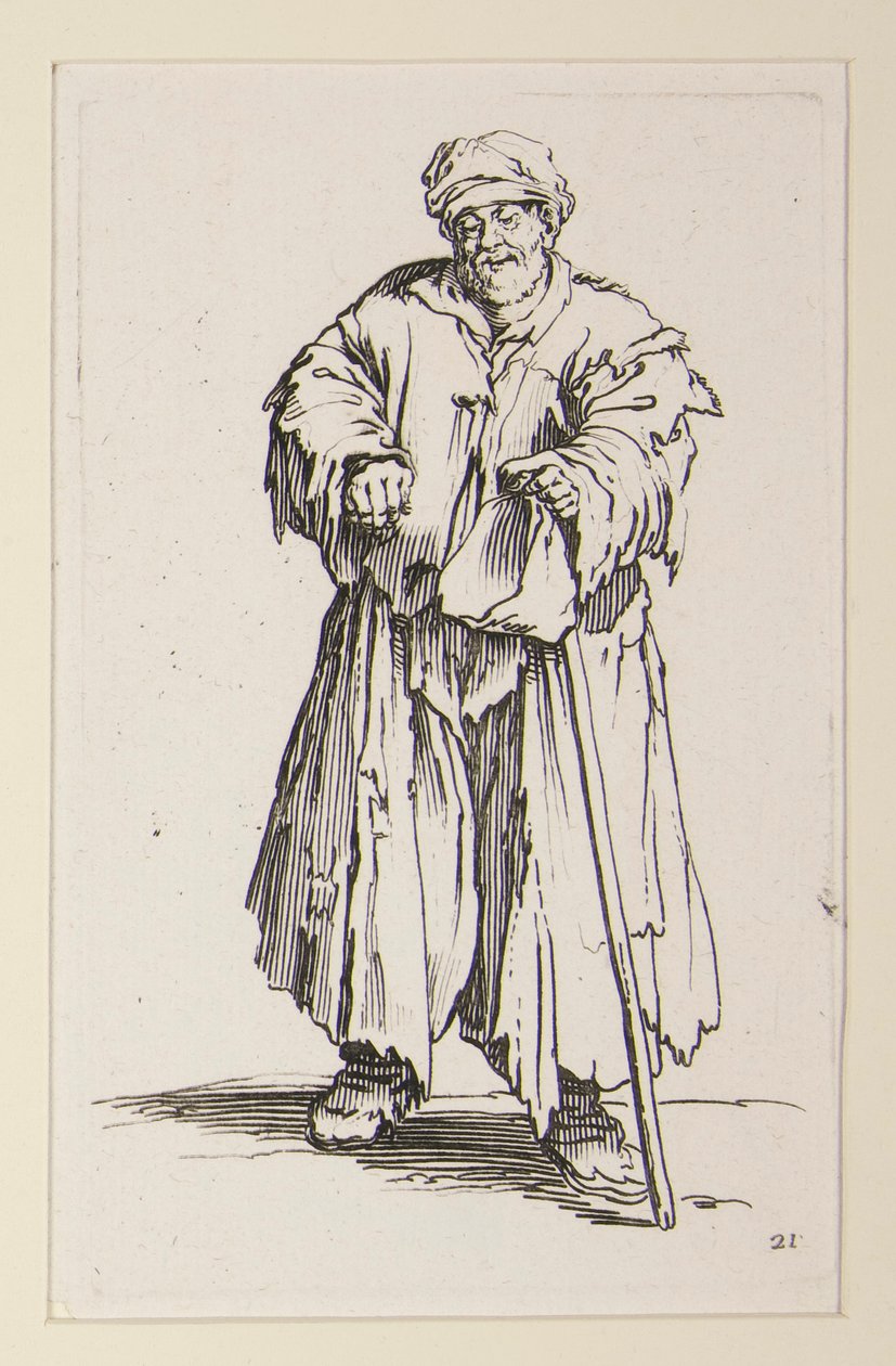 Fettleibiger Mann mit gesenkten Augen, aus den Bettlern von Jacques Callot