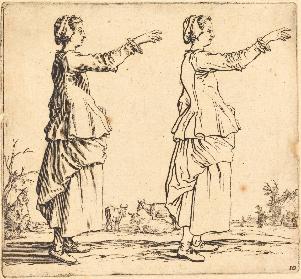 Bäuerin im Profil, nach rechts gewandt, mit ausgestrecktem Arm von Jacques Callot