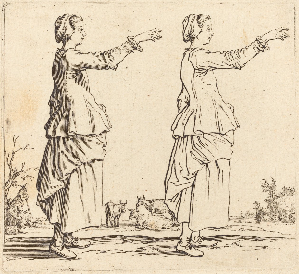 Bäuerin im Profil, nach rechts gewandt, mit ausgestrecktem Arm von Jacques Callot