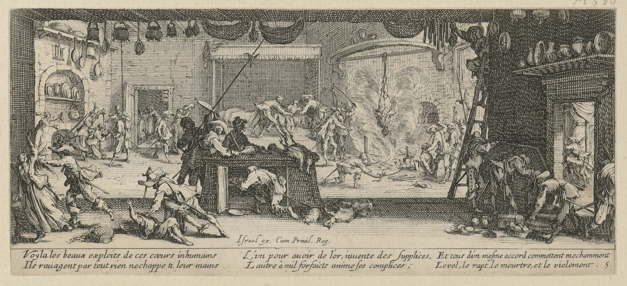 Plünderung eines Bauernhofes, Blatt 5 der Folge Grauen des Krieges von Jacques Callot