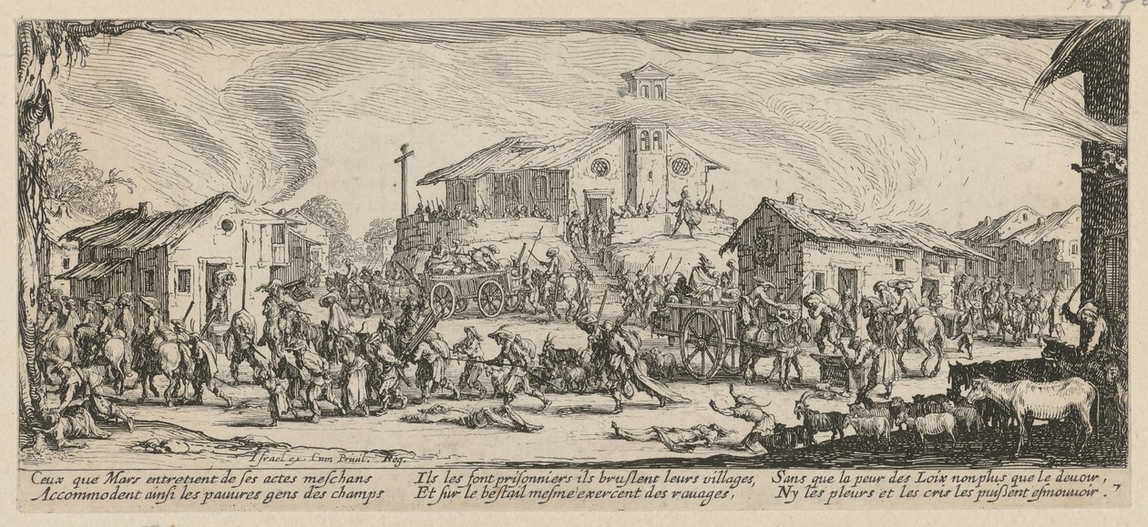 Plünderung und Niederbrennung eines Dorfes, Blatt 7 der Folge „Grauen des Krieges“ von Jacques Callot