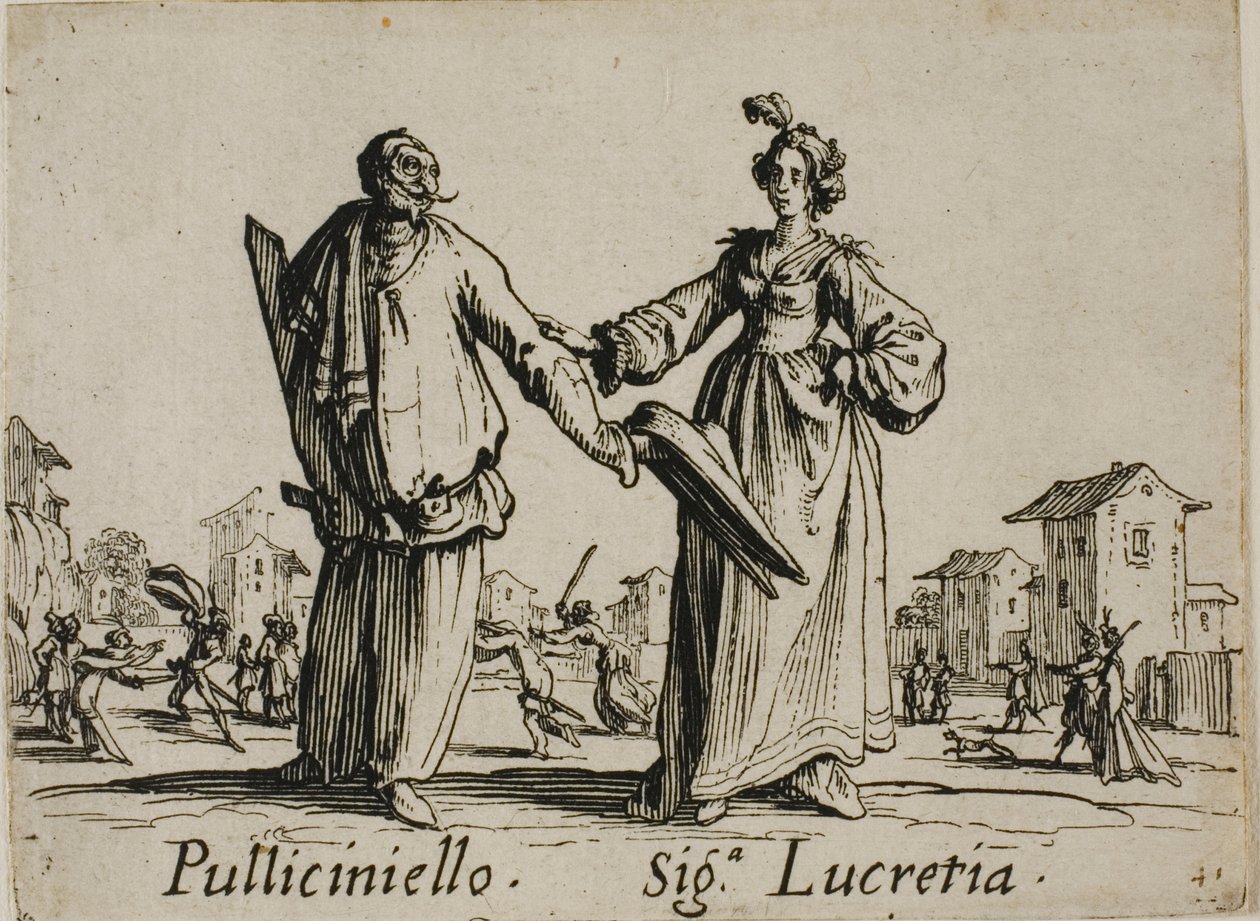Pulliciniello - Signora Lucretia, Platte 9 aus Balli di Sfessania von Jacques Callot