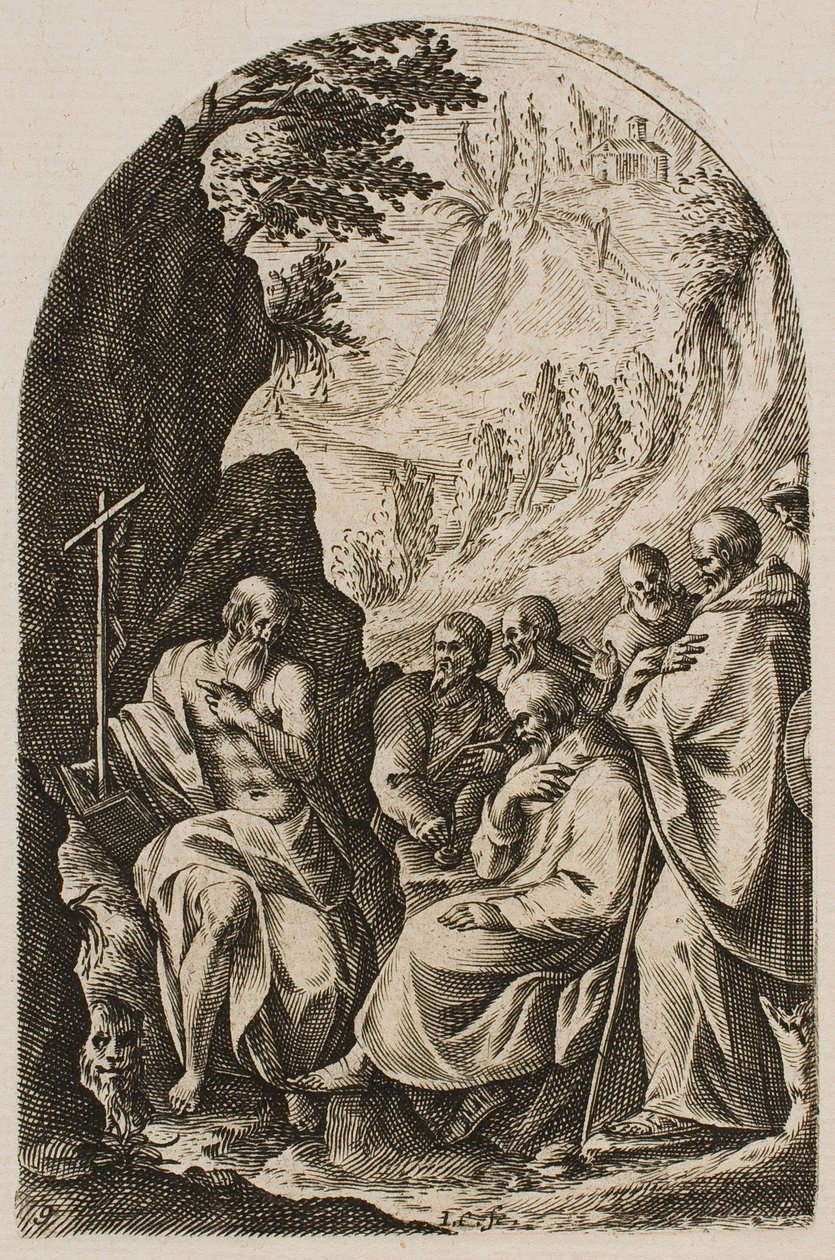Der heilige Hieronymus unterweist seine Jünger in der Wüste, aus der Serie „Bilder von Rom“ von Jacques Callot
