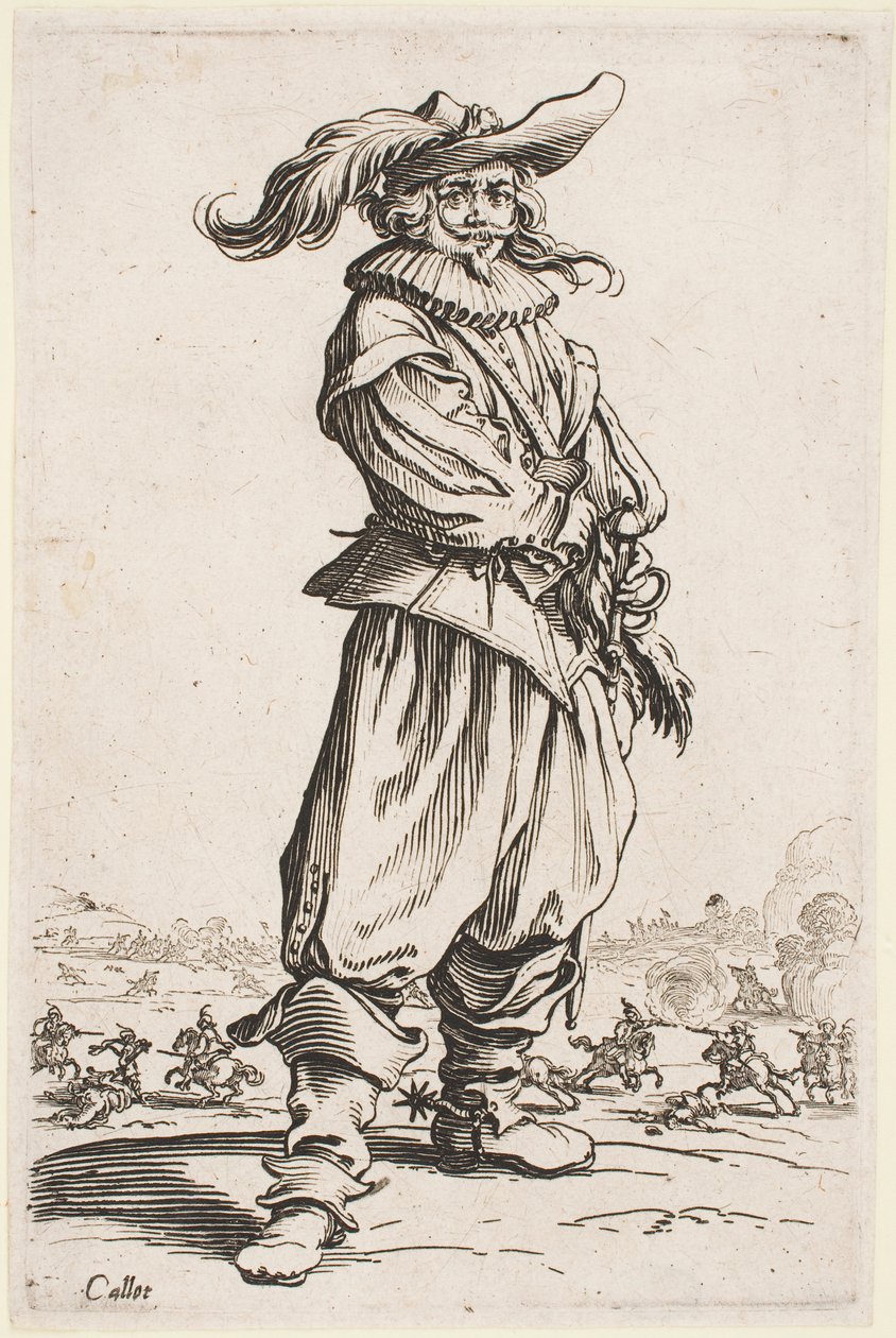 Soldat mit Federhut, aus der Serie „Der Adel von Lothringen“ von Jacques Callot