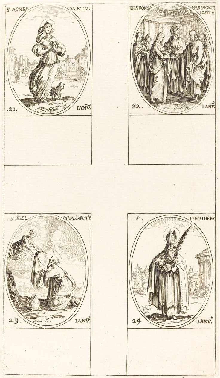 St. Agnes; Die Heirat der Jungfrau; St. Ildefonsus; St. Timotheus von Jacques Callot
