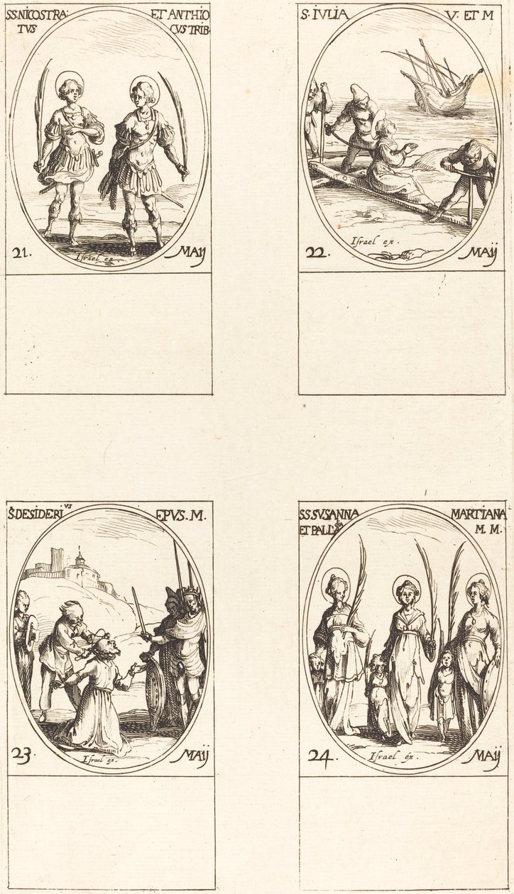 Heilige Nicostratus und Anthiocus; Heilige Julia; Heiliger Desiderius; Heilige Susanna, Palladia und... von Jacques Callot