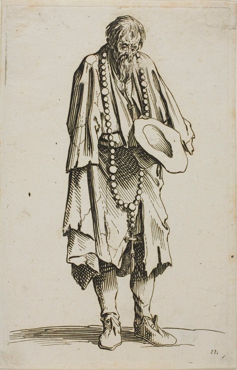 Der Bettler mit einem Rosenkranz, Tafel elf aus Die Bettler von Jacques Callot