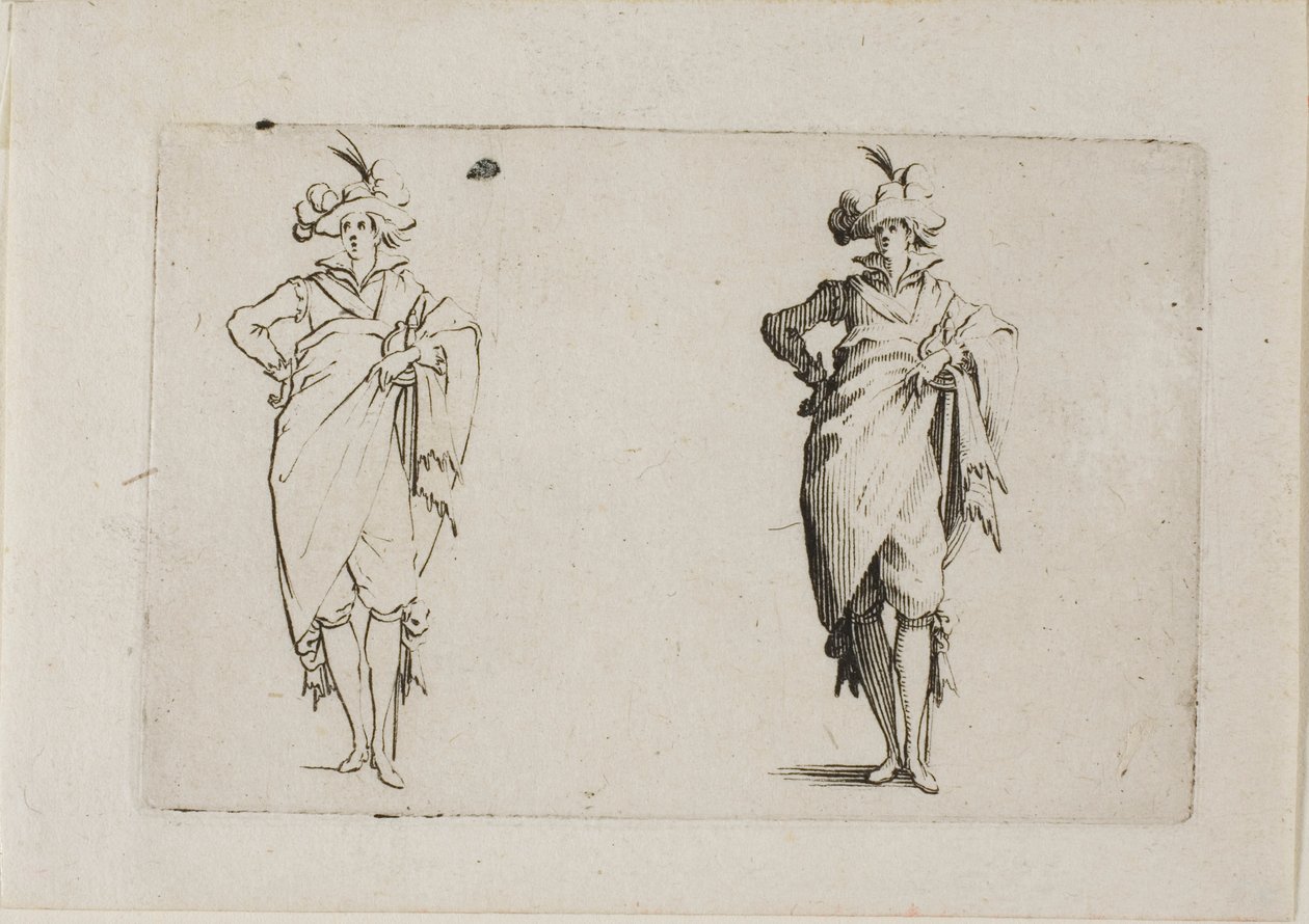 Der Herr von vorne gesehen, mit der rechten Hand auf der Hüfte, aus Die Caprices von Jacques Callot