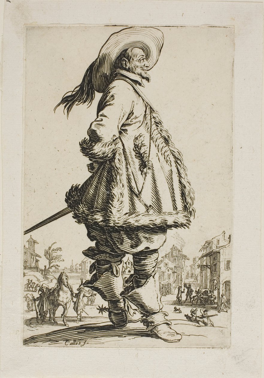 Der Herr in einem Pelzbesetzten Mantel, der seine Hände hinter seinem Rücken hält, Platte sieben aus La Noblesse von Jacques Callot