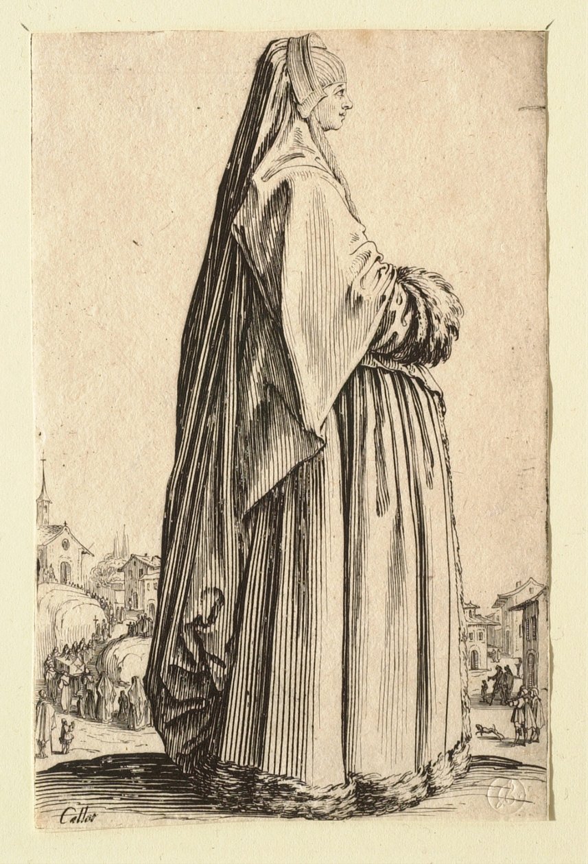 Die Dame mit einem großen Schleier und einem pelzbesetzten Kleid von Jacques Callot