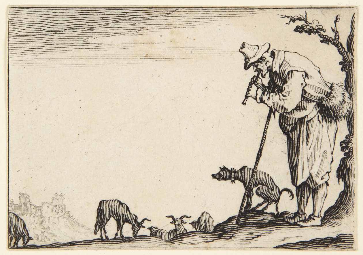 Der Hirte, der eine Flöte spielt von Jacques Callot