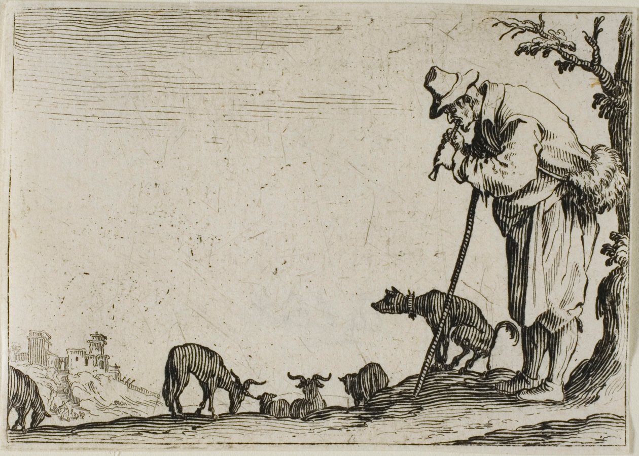 Der Hirte spielt eine Flöte, aus Die Launen von Jacques Callot