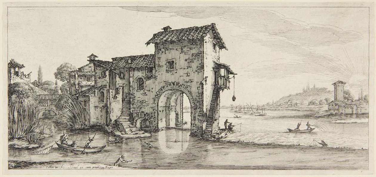 Die Wassermühle, aus der Serie Paysages Gravées pour Jean de Médicis, Paysages Dessinés à Florence von Jacques Callot
