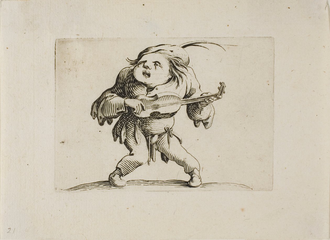 Der wackelige Mann, der Gitarre spielt, aus Varie Figure Gobbi von Jacques Callot