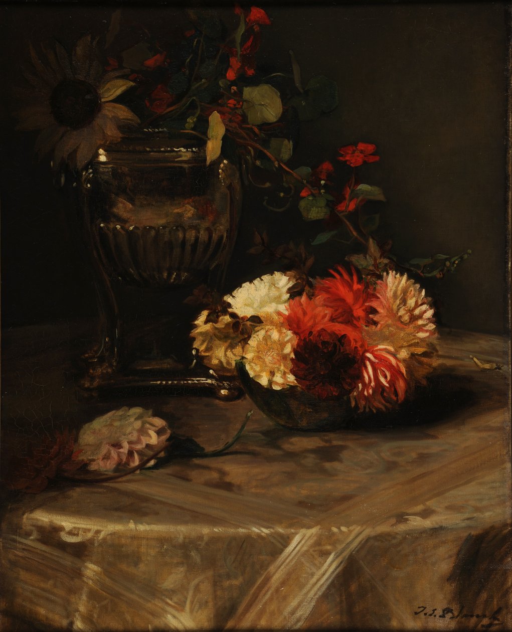 Dahlien und Kapuzinerkresse in der silbernen Urne von Jacques Emile Blanche