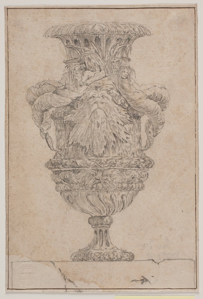 Zier-Vase mit großem Kopf, Meeresgott und Wassernymphe. Kopie nach Pl. 26 aus der Suite der 1746 von Saly gezeichneten Vasen. "Vasa a se inventa..." von Jacques Francois Joseph Saly