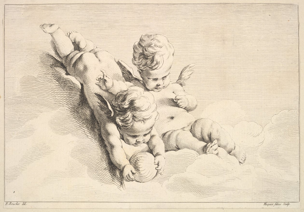 Zwei Cupidos, einer hält einen Ball von Jacques Gabriel Huquier
