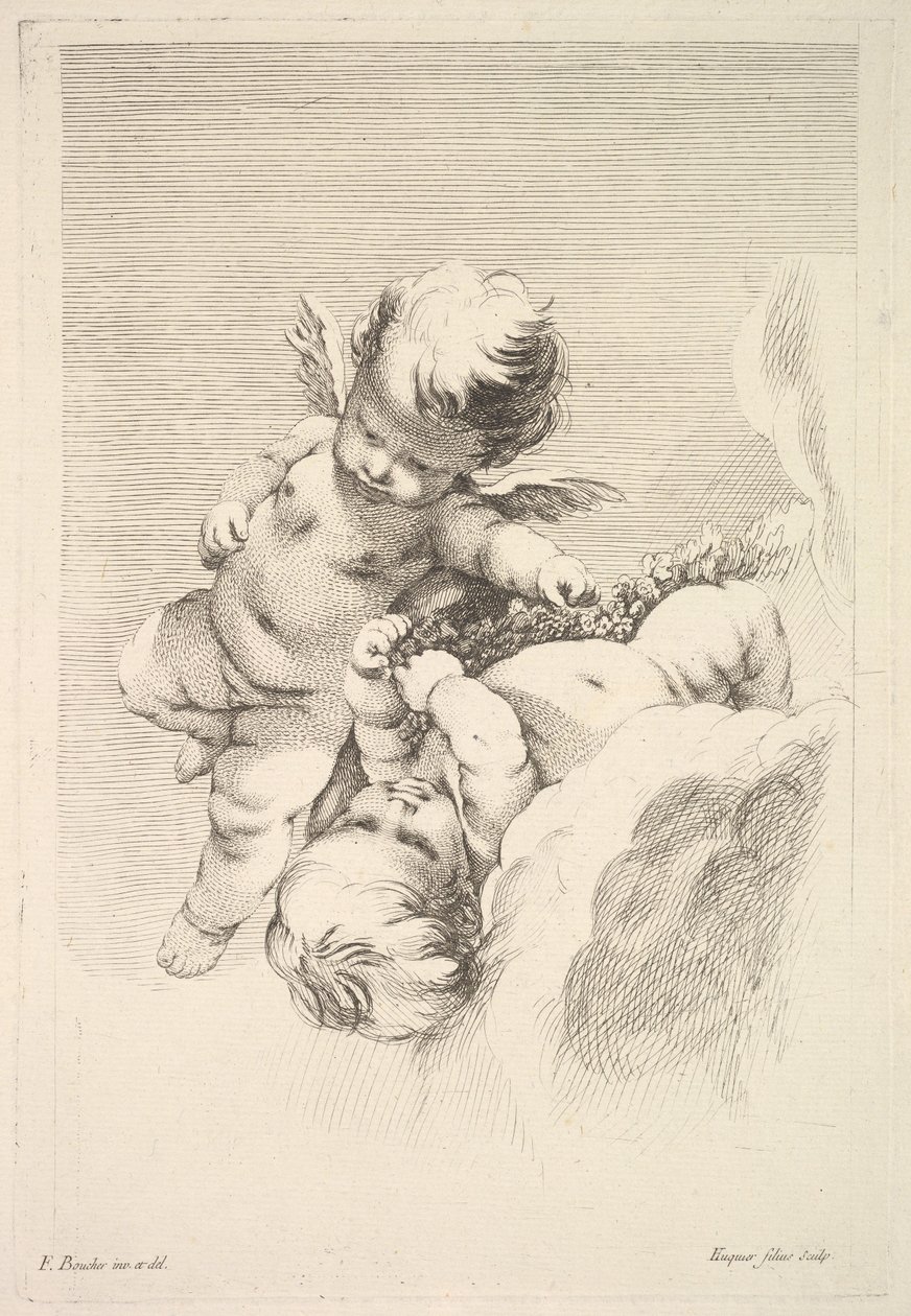 Zwei Cupidos, einer hält einen Kranz von Jacques Gabriel Huquier