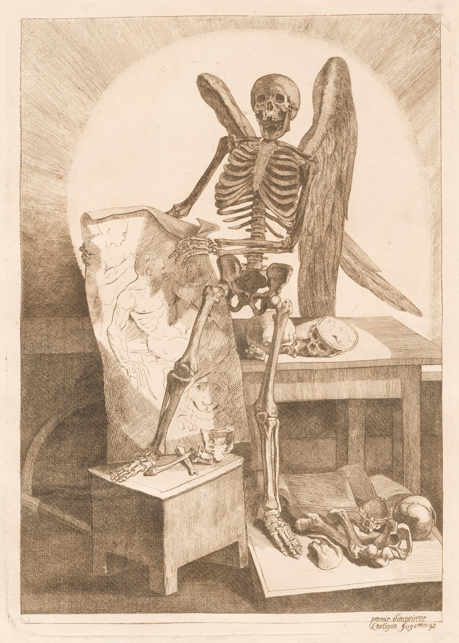 Ein geflügeltes Skelett hält eine anatomische Zeichnung von Jacques Gamelin