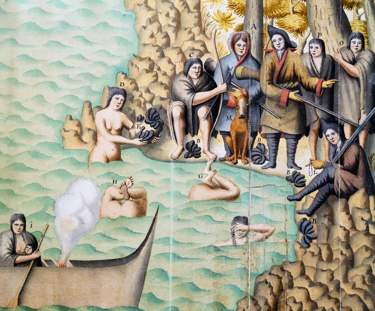 Einheimische Frauen fangen Muscheln in der Magellanstraße, Aquarell von Duplessis während der Reise von Jacques Gouin de Beauchesne (1652-1730) in Patagonien zwischen 1698 und 1701, Argentinien von Jacques Gouin de Beauchesne