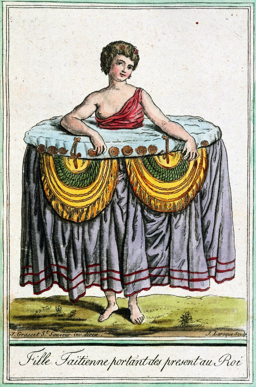 Junge Frau bietet dem König Geschenke an, Tahiti, Gesellschaftsinseln von Jacques Grasset de Saint Sauveur