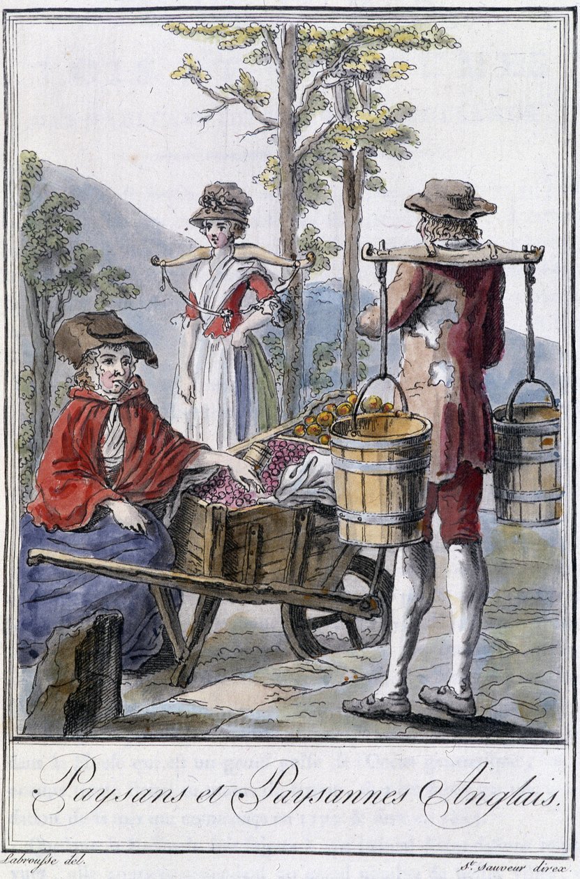 Englische Bauern und Bäuerinnen - in „Encyclopedia of Travels“ von Grasset St Sauveur, ed. 1796 von Jacques Grasset de Saint Sauveur