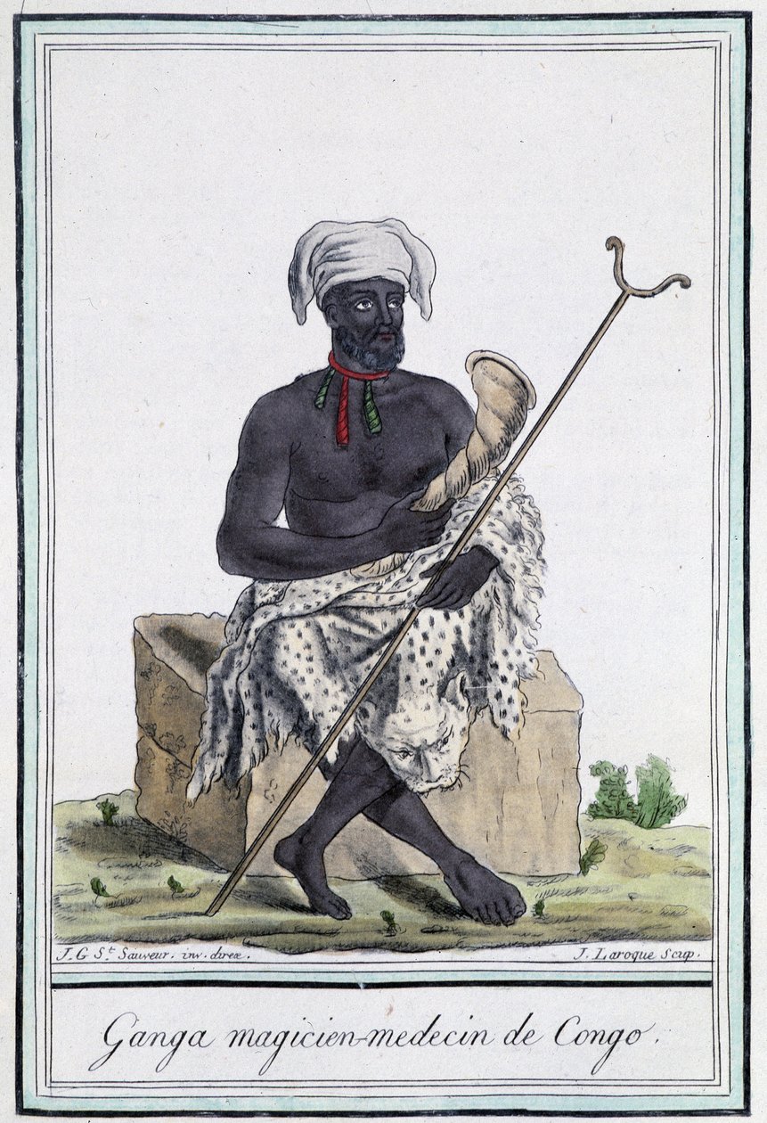 Ganga, Zauberer und Arzt aus dem Kongo - in „Enzyklopädie der Reisen“ von Grasset Saint Sauveur, ed. Paris 1796 von Jacques Grasset de Saint Sauveur