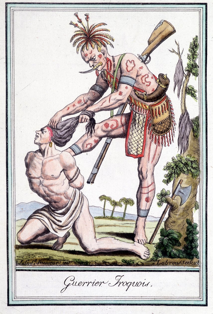 Irokesenkrieger skalpiert seinen Feind - in „Enzyklopädie der Reisen“ von Grasset St Sauveur, Paris von Jacques Grasset de Saint Sauveur