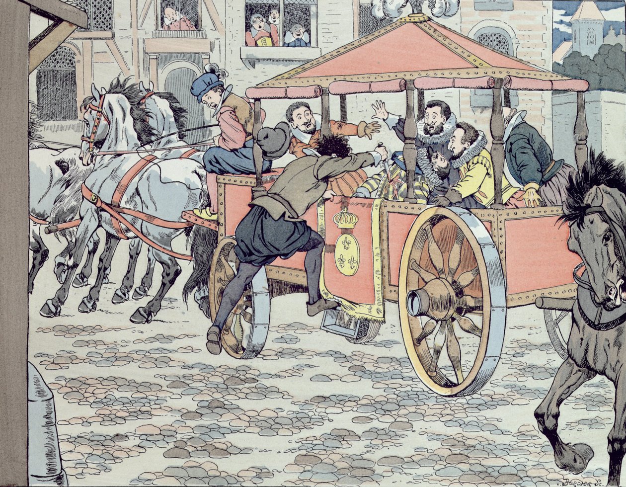 Ermordung von Henri IV durch Francois Ravaillac in der Rue de la Ferronerie am 14. Mai 1610, ca. 1900 von Jacques Marie Gaston Onfray de Breville (Job)