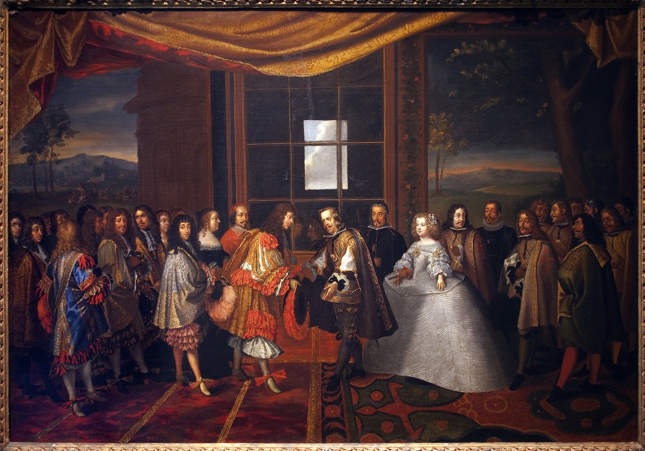Dreißigjähriger Krieg: Treffen des Königs von Frankreich Ludwig XIV. (1638-1715) und Philipp IV. von Spanien (1605-1665) auf der Insel der Pässe am 7.11.1659. Spanien stimmt zu, den Pyrenäenfrieden zu unterzeichnen. Die Tochter von Philipp IV., Marie There von Jacques Laumosnier