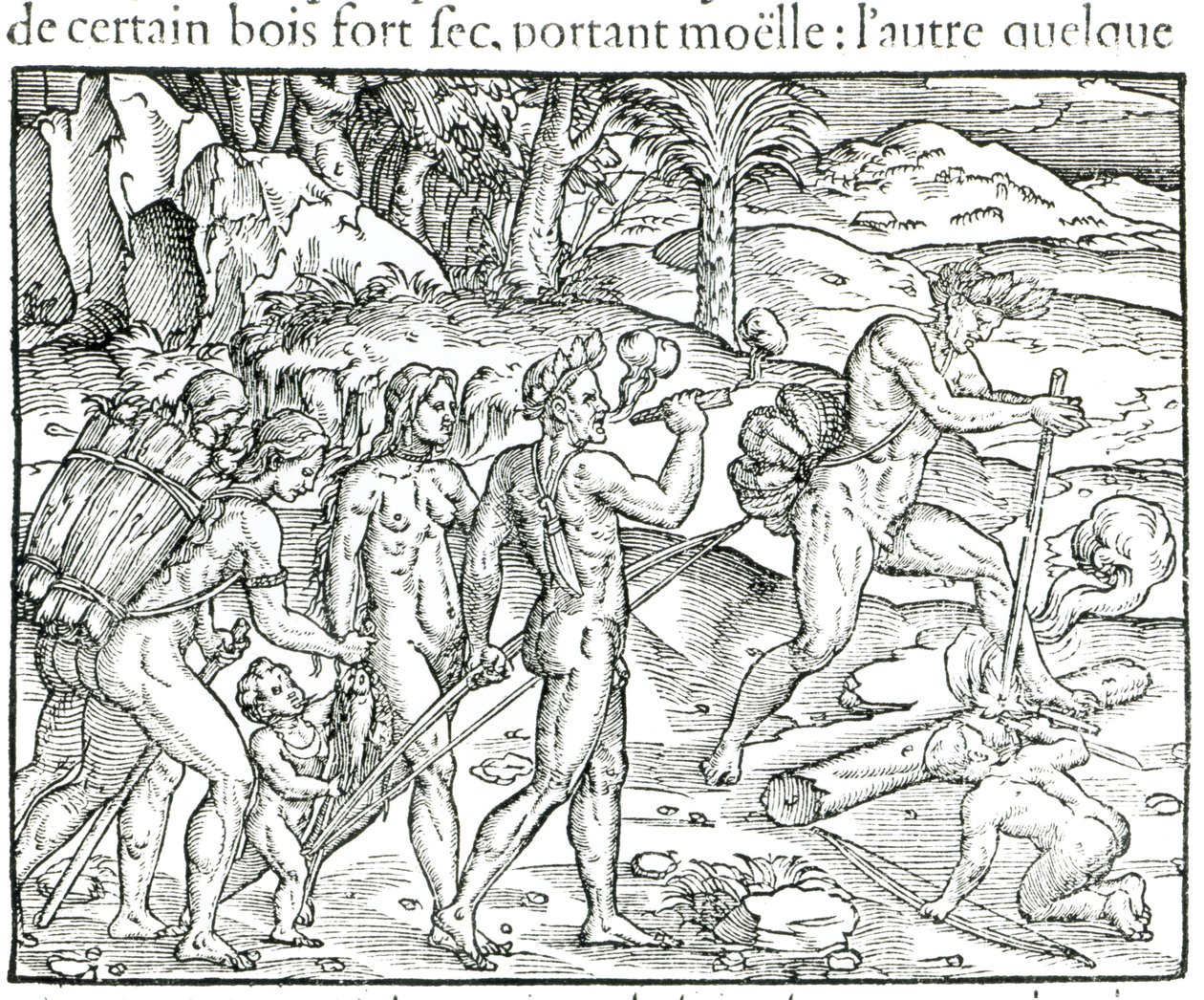 Indische Ureinwohner machen Feuer nach der Jagd, graviert von Theodor de Bry (1525-75) von Jacques Le Moyne